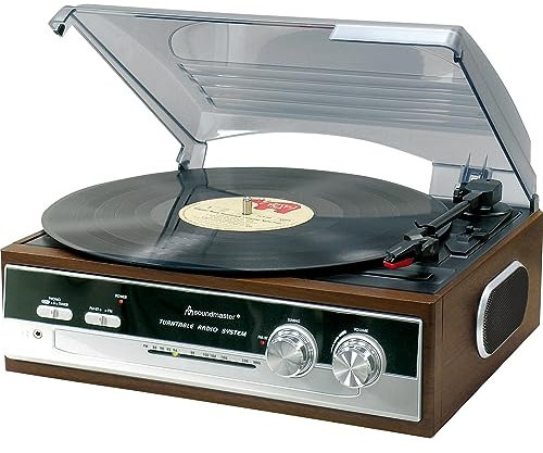 Soundmaster PL186H Retro Vintage Nostalgie Plattenspieler mit eingebauten Lautsprechern und Radio Kopfhörerbuchse 3 Geschwindigkeiten 33/45 / 78 RPM Stereolautsprecher