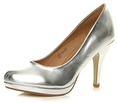 Womens Ladies mid high Heel Platform Work Evening Court Shoes Pumps, Silver Metallic, 4 UK