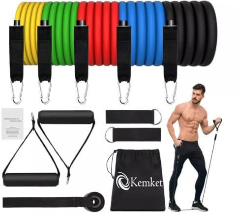 Expander-Set – 5 Stück, mit Griffen, Türanker, Knöchelriemen und Tragetasche für Fitnessübungen zuhause/unterwegs, Krafttraining, 11 Pcs Set