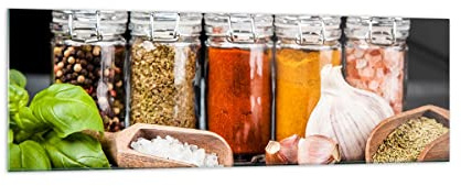 ARTTOR Bilder auf Glas 160x50cm Wandbild Glasdruck Küche - 2896 | Gewürze Knoblauch Holz Panorama Groß XXL Modern Dekoration Wohnzimmer Schlafzimmer Küche Wanddeko Kunstdruck Art ARTTOR