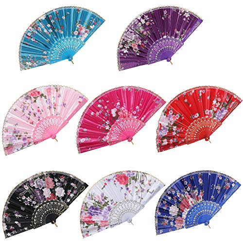 BABEYOND 8pcs Floral Folding Hand Fan Vintage Handheld Lace Folding Fan with Different Flower Patterns Fabric Folding Fan for Wedding Dancing Party (Color Random Selected with Chinese rose)