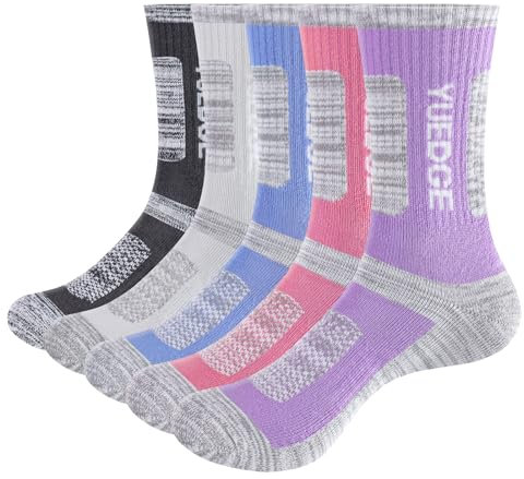 YUEDGE 5 Paires Femme Chaussettes de Randonnée Rose/Jaune/Vert/Bleu clair/Violet L,L (Chaussure Femme 35,5-40,5 EUR Taille),Multicolore