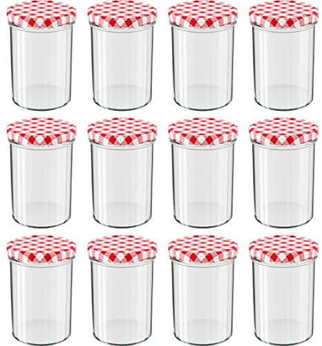 WELLGRO 12x Einmachgläser mit Schraubdeckel - 435 ml, 8,5 x 12 cm (ØxH), Glas/Metall, rot karierte Deckel To 82, Gläser Made in Germany, verschiedene Mengen wählbar, Stückzahl:12 Stück