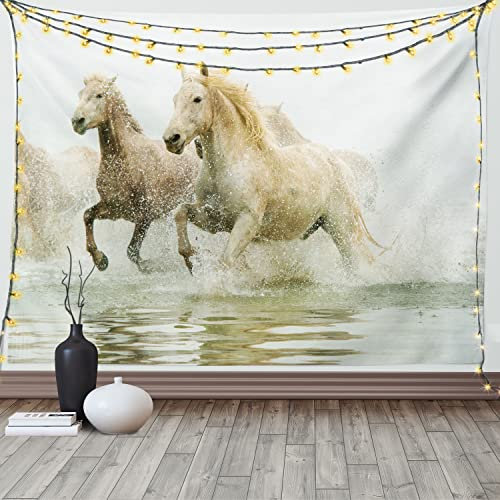 ABAKUHAUS Weiß Wandteppich, Camargue Pferde in Wasser aus Weiches Mikrofaser Stoff Waschbar ohne Verblassen Digitaldruck, 150 x 110 cm, Beige Weiß
