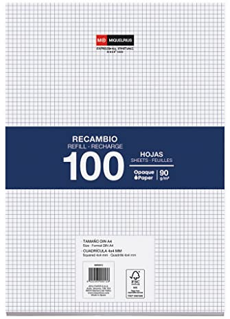 Miquelrius - Bloc de recharge, 100 feuilles quadrillées 4x4 mm sans marge ni perforations, Papier opaque 90 g/m², Recharge de feuilles A4 pour classeur à anneaux, Fournitures scolaires