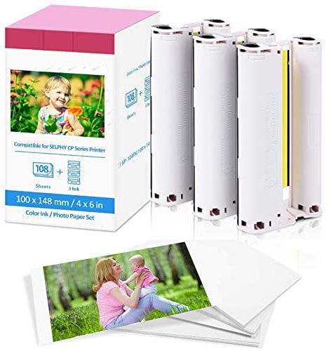 Ersatz-Tinte und Fotopapier für Canon Selphy CP1500, 6 x 4 Zoll, Set für Canon Selphy CP1300, CP1200, CP1000, CP910, CP810, 3115B001(AA), 3-Farben-Tintenpatronen/108 Blatt/100 x 148 mm Druckerpapier