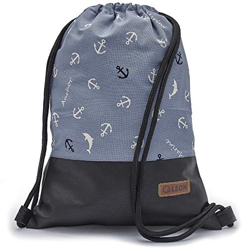 By Bers Leon großer Premium Turnbeutel mit Innentaschen Rucksack Tasche Damen Herren Teenager Gym Bag Draw String 45x34cm für Sport Reise Alltag Einkauf (Marine_SwPU)