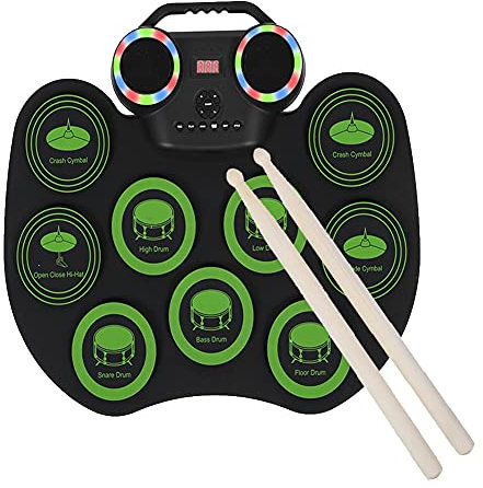 Elektronisches Schlagzeug, E-Drum Schlagzeug Set mit 9 Pads, Eingebaute Doppellautsprecher/Dreifarbiger Lichteffekt/Bluetooth Verbindung, für Kinder Studenten Anfänger.