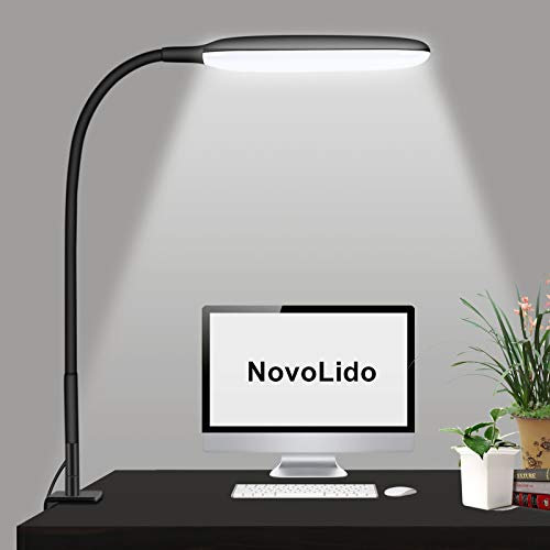 NovoLido Lampe de Bureau à Pince LED avec Adaptateur USB, Lampe de Table Flexible à 360 ° avec 3 Modes de Couleur et Gradation en Continu, Lampe à Pince, Protection des Yeux, Fonction Mémoire