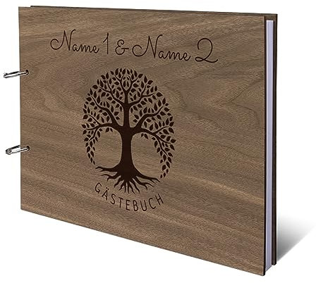 Hochzeit Gästebuch Okoume Holz Gravur individuell Holzcover Ringbuch 72 Blatt | 144 Seiten DIN A4 quer 302x215mm - Lebensbaum