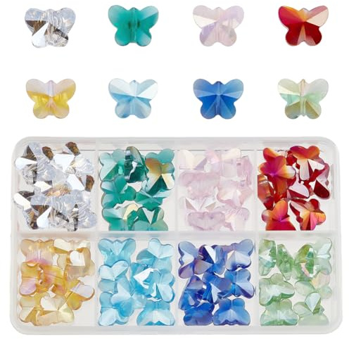 NBEADS 64 Stück Kristall Schmetterlingsperlen, 8 Farben Galvanisieren Glasperlen Schmetterling Charms Für DIY Schmuckherstellung Und Heimtextilien, Bohrung: 1 mm