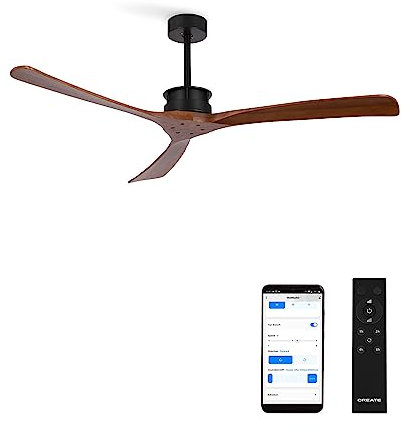 CREATE / WIND LARGE DC/Ventilatore da soffitto con WIFI XL, con motore DC nero, con pale in legno scuro/Silenzioso, timer