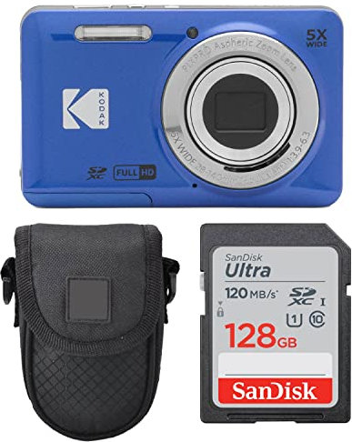Kodak PIXPRO FZ55 - Cámara digital (azul) + funda para cámara Point & Shoot + tarjeta de memoria SDXC Sandisk de 128 GB