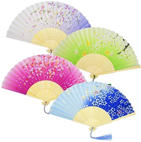 4 Stück Handfächer Seide Fächer Holz Fächer mit Quaste Fächer Groß Klein für Hochzeit Gäste Kinder Damen Mädchen Folding Hand Fan Asiatische Deko Tanz Wand Dekoration