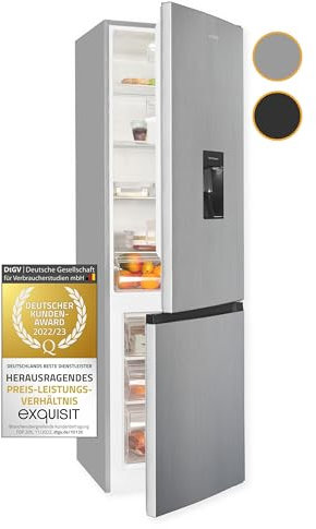 Exquisit Kühl-Gefrierkombination KGC265-70-WS-040D inoxlook | 260 L Volumen | Kühlgefrierkombination freistehend mit Wasserspender | Alarm | 4 Sterne gefrieren [Energieklasse D]