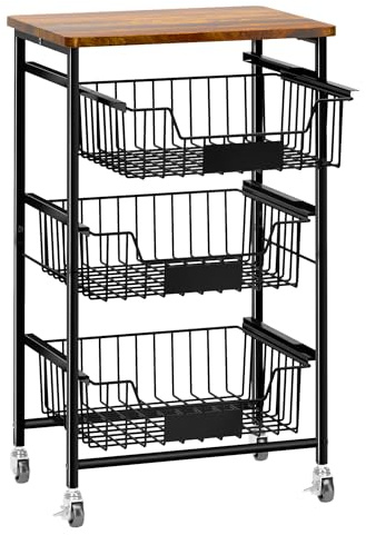OKZEST 4-Tier Small Kitchen Storage Cart on Wheels, Metal Fruit Basket Stand with Pull-Out Baskets & Wood Top for Potato Onion Produce Snack Veggies