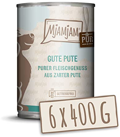 MjAMjAM - Premium Nassfutter für Hunde - purer Fleischgenuss - gute Pute pur 400g, 6er Pack (6 x 400g), naturbelassen mit extra viel Fleisch