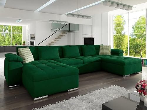 ChillMe Green Velvet U-Shape Sofa Bed 'Oxford', Double Bed Sleeping Area - with Storage and FREE Assembly