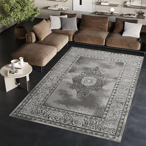 TAPISO Ares Teppich Kurzflor Glänzend Dunkelgrau Grau Ornament 120 x 170 cm | Bordüre Barock Klassisch 3D Effekt Wohnzimmer Schlafzimmer OEKO-TEX