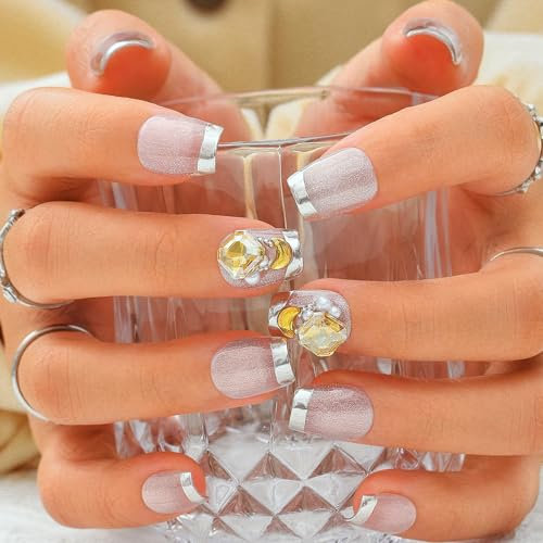 Sethexy Short Coffin Handmade False Nails - Glitter, Sliver French Tip, Rhinestone Press on Nails Women Salon Stick on Nails 10PCS