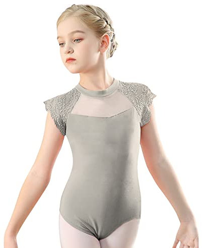 Famuka Ballettbody Mädchen Gymnastikanzug Trikot Turnanzug Turn-Leotards Ballett Gymnastik (Grau, 160)