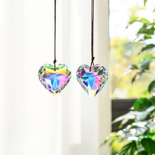 H&D HYALINE & DORA 2PCS 50mm Suncatcher Crystal Heart Prisms Hanging for Windows, AB Color Heart Shape Prisms Rainbow, Glass Chandelier Sun Catcher with Rope