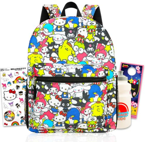 Hello Kitty and Friends Backpack for Girls - Bundle with 16 Hello Kitty Backpack with Front Pocket Plus Hello Kitty Stickers, Water Bottle, More | Hello Kitty and Friends Backpack for School