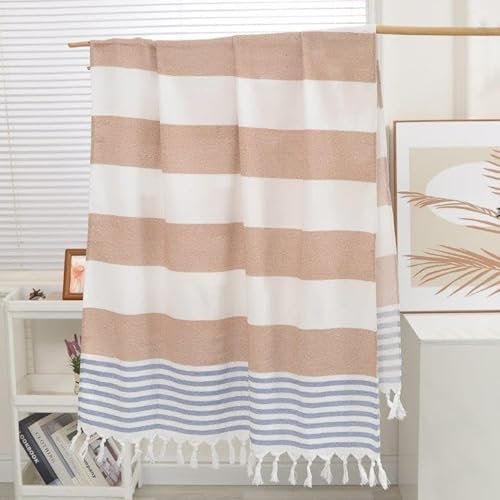 FEBE Strandtuch Badetuch Braun und Blau Baumwolle 180x80 cm Ultraleicht mit Handgeknüpften Hamamtuch Saunatuch Picknickdecke Towel
