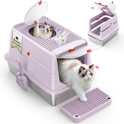 Stainless Steel Cat Litter Tray, Metal,Removable Flip Cover & Enclosed High-Sided Designs, XXL Cat Toilet | Odor Control | Anti-Leakage | Durable | Non-Stick Surface | with Scoop,Pedal