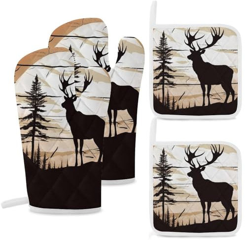 Ofenhandschuhe und Topflappen, 4 Stück, hitzebeständige Ofenhandschuhe, Wilde Elch-Silhouette, Ofenhandschuh, Küche, heiße Pads für Mikrowelle, Ofenhandschuhe zum Kochen, Grillen