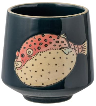 Keramiktasse im japanischen Stil, Unterglasur, handbemalt, 150–200 ml, Fett-Kugelfisch