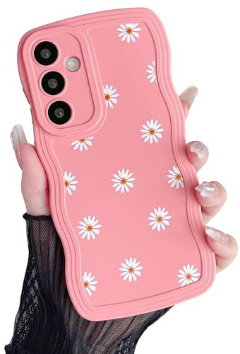 ZTOFERA Coque Arrière en Silicone Liquide pour Samsung Galaxy A55 5G, Mignon Boucle Ondulée Cadre Marguerite Motif Cas Souple Antichoc Protection Bumper Cover pour Samsung A55 - Rose Pâle