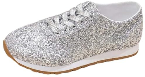 Shoes for Women Black Work Shoes Women White Pumps Sequin Trainers Women's Flat Low Glitter Shoes Comfortable Breathable Lace Up Sports Shoes Trainers White Pumps Ballet Pumps Women Pumps (Silver, 5)