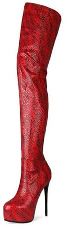 Stivali Sopra Il Ginocchio Da Donna 15 Cm Stivali Con Plateau Alto Alla Coscia Modello Serpente Tacco A Spillo Stivali Lunghi Con Cerniera Laterale Punta Tonda Di Grandi Dimensioni , 37 EU ,Red