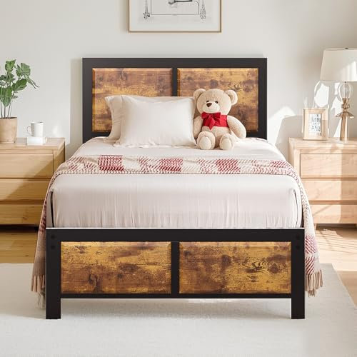 VECELO Bettgestell 90 x 200 cm, Metallbett mit Dick Holzkopfteil und Lattenrost, Modern Gästebett Jugendbett mit Stauraum Unter Dem Bett, Perfekt für Schlafzimmer, Braun