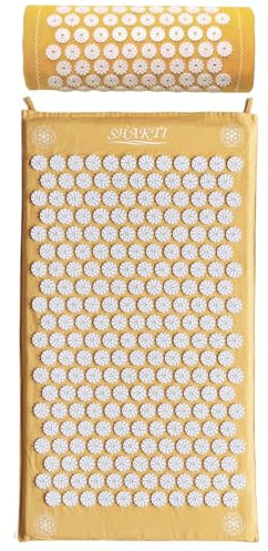 ShaktiMat [Das Original seit 2007] Akupressurmatte und Akupressurkissen Set zur Entspannung für Rücken, Nacken, Füße, GOTS-zertifizierte Bio-Baumwolle, Ethische Handarbeit, Gelb