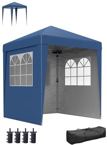 Outsunny Tonnelle de jardin pliante pop-up 2 x 2 m tente de réception hauteur réglable 3 niveaux Anti-UV 30+ 3 parois latérales avec 4 sacs de sable et 1 sac de transport tissu Oxford acier bleu foncé