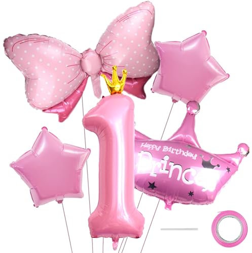 ‌‌Ovanda 1. Geburtstag Mädchen Krone, Schleife Geburtstagsdeko 1 Jahr, Rosa Folienballons mit Luftballons 1. Geburtstag, Geburtstagsdeko 1 Jahr für Babygirl, Babys ‌Geburtstagsfeier Familienfeier
