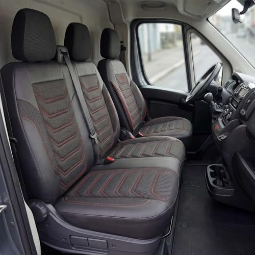 GIOVANNI BUTTI Autositzbezüge 2+1 für FIAT Ducato, Peugeot Boxer, Citroen Jumper 2014-2026, Opel Movano C 2022-2026 - Piqué-Stoff/Schwarz-Rot - Vordersitz-Set (rechter Beifahrersitz geteilt)