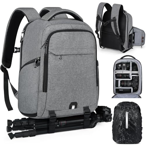 RAINSMORE Fotorucksack Kamerarucksack Groß mit 14 Zoll Laptopfach Leicht Kamera Rucksack DSLR SLR Kameratasche Regenschutz für Canon Nikon Sony Grau