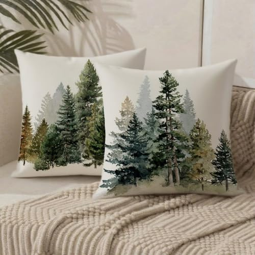 Kissenbezug 35x35 Grün Outdoor Kissen Samt Wetterfest Kissenbezüge Wald 2 Stück mit Unsichtbarer Reißverschluss Dekokissen für Couch Terrassen Garten Herbst Balkon Schlafzimmer Deko Wohnzimmer 1B-26