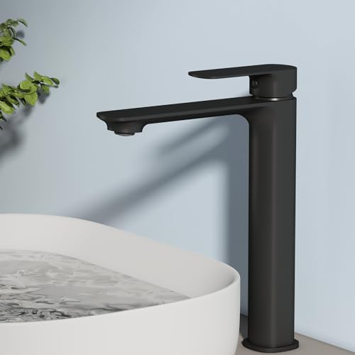 EMKE Waschtischarmatur Matt Schwarz, Wasserhahn Bad Mischbatterie Ultrathin, German 4MS Kupfer, DVGW Zertifizierung, Wassersparend Armatur Keramikkartusche für Badezimmer Hotel, einfache Installation