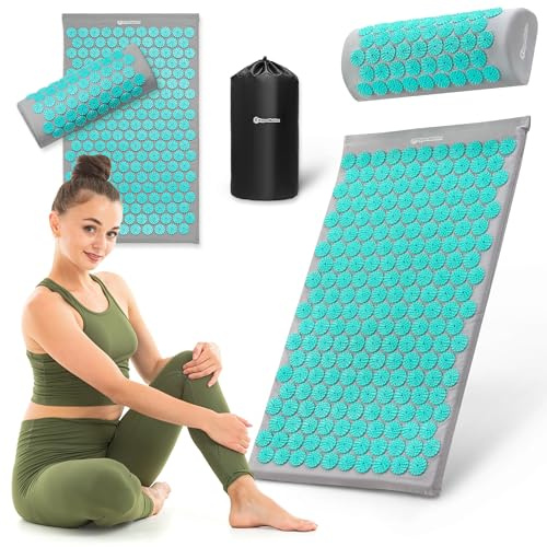 HyperMotion Akupressurmatte mit Kissen Eco - Akupunktur Matte - Massagematte Ganzkörpermassage, Akupressurmatte Set für Entspannung, Kokosfaser und Buchweizen, Grau-Mint, 72 x 42 x 2 cm