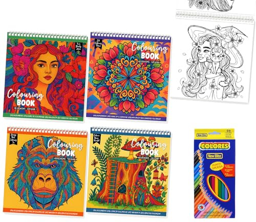 COGVOHY 4 Pack Malbuch für Erwachsene mit 12 Buntstiften, 96 Mustern mit Mandala, Blumen, Tieren und Frauen für Stress Abbauen und Entspannen