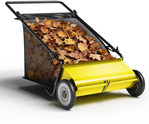Balayeuse à Gazon Ramasse Feuilles Brosse Rotative Balayeuse à Gazon Manuelle Robuste 61 cm Grand Sac 100L Onvient Aussi Bien aux Pelouses Qu'aux Patios Acier Hauteur Réglable Idéale Feuilles Jardin