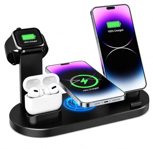 OKLI 6 in 1 Charging Station for Apple Devices, Wireless Charger Stand for iPhone, Apple Watch & AirPods, Multi Device Charging Dock with USB C & Multiple Connectors for Desk & Bedside (Black)