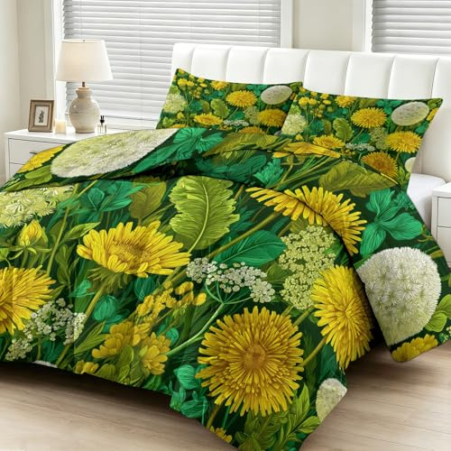 Bettdecke 200 x 200 cm Wildblumen Löwenzahn Ganzjahresdecke, Ländliche Gelbe Wildblumen Bettdecke Ohne Bezug mit 2 Kissenbezüge, 4 Jahreszeiten Bettdecken Wende Schlafdecke, Weiche Warm Steppdecke
