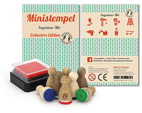 Stemplino Stempelset Ingenieur - 8 Ministempel aus Holz plus Stempelkissen, Mini Stempel Set Mix