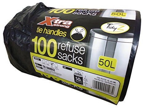 AIL Roll of 100 X-Tra Extra Strong Tie Handle Black Refuse Sack Bin Liner Bags 50 Litre