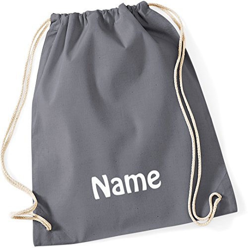 Turnbeutel grau mit Namen Bestickt aus 100% Baumwolle, Sportbeutel, Schwimmbeutel, Gym Sack, Gym Bag